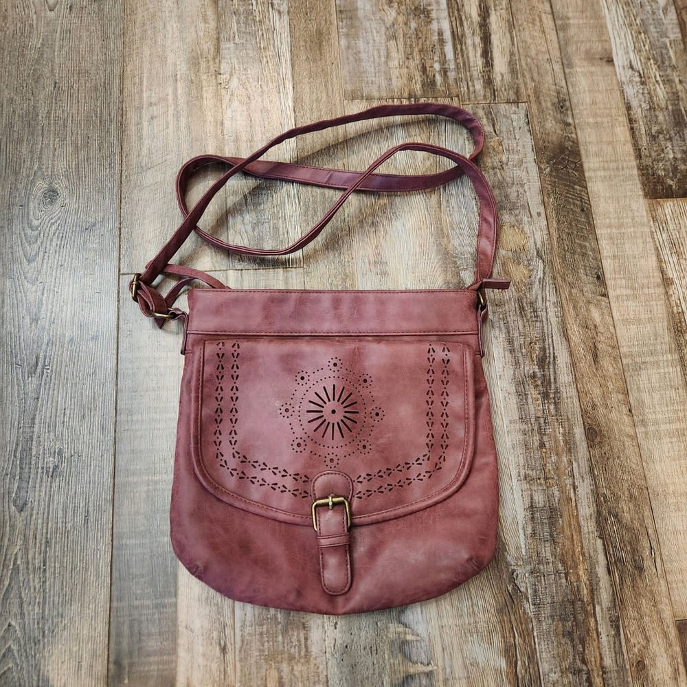 Maurices Burgundy Faux Leather Laser Cut Perforated Crossbody Bag Boho Wine Boho